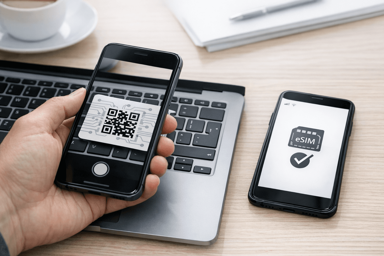 Telefon skenuje QR kód pro aktivaci eSIM vedle druhého telefonu s potvrzením